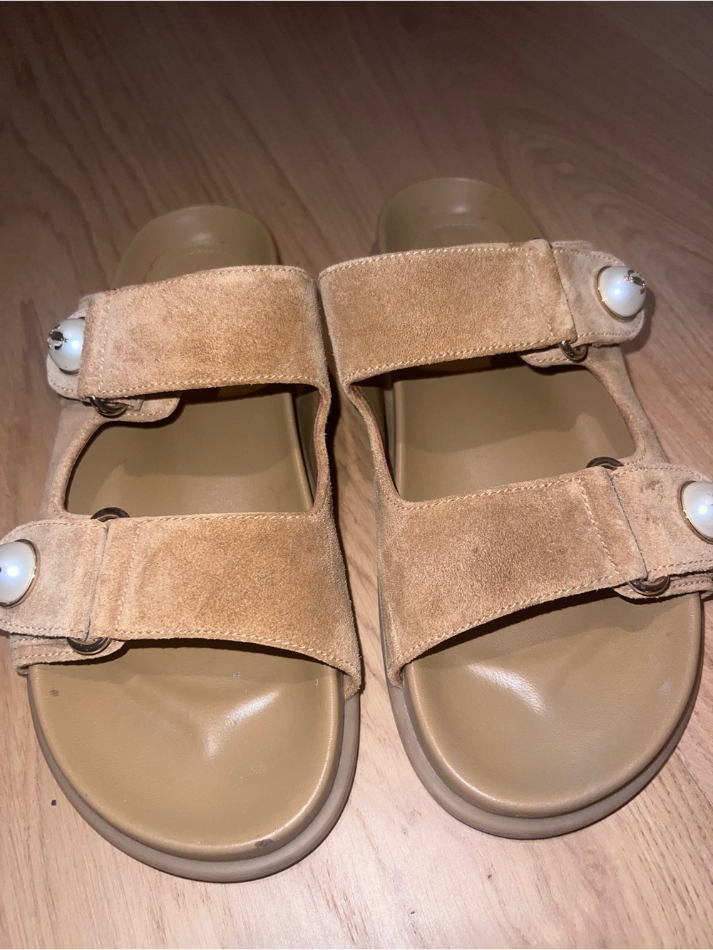 Jimmy Choo Rattan Velvet Suede Double-Strap Slide Sandals in Camel size 37